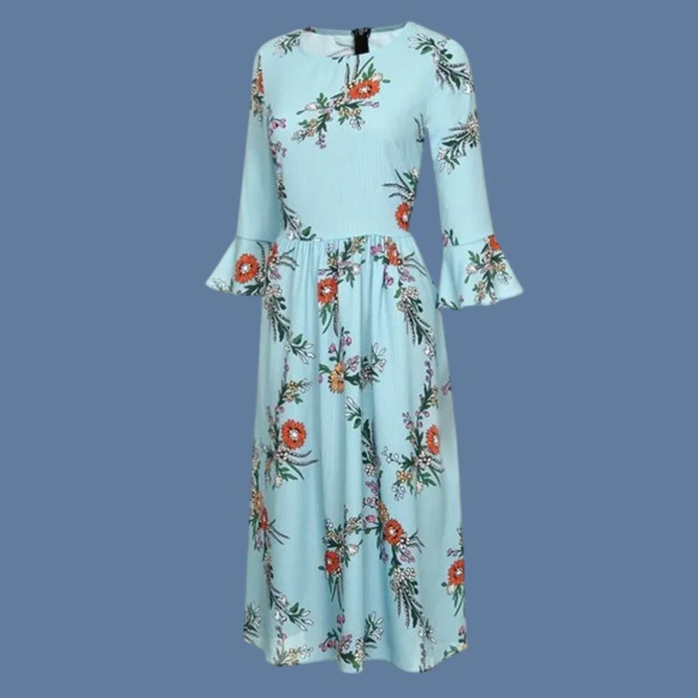 Women's Flounce 3/4 Sleeve Gathered Waist Crew Neck Floral Fit & Flare Dress L - Picture 5 of 6